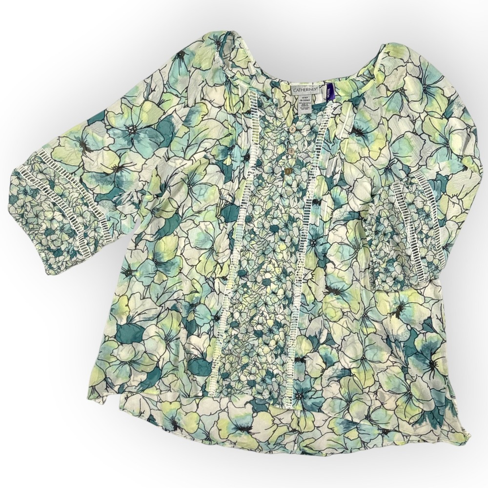 Catherines Sheer Fresh Coastal Floral Blouse Blue Green Lace Trim 18/20WP Petite